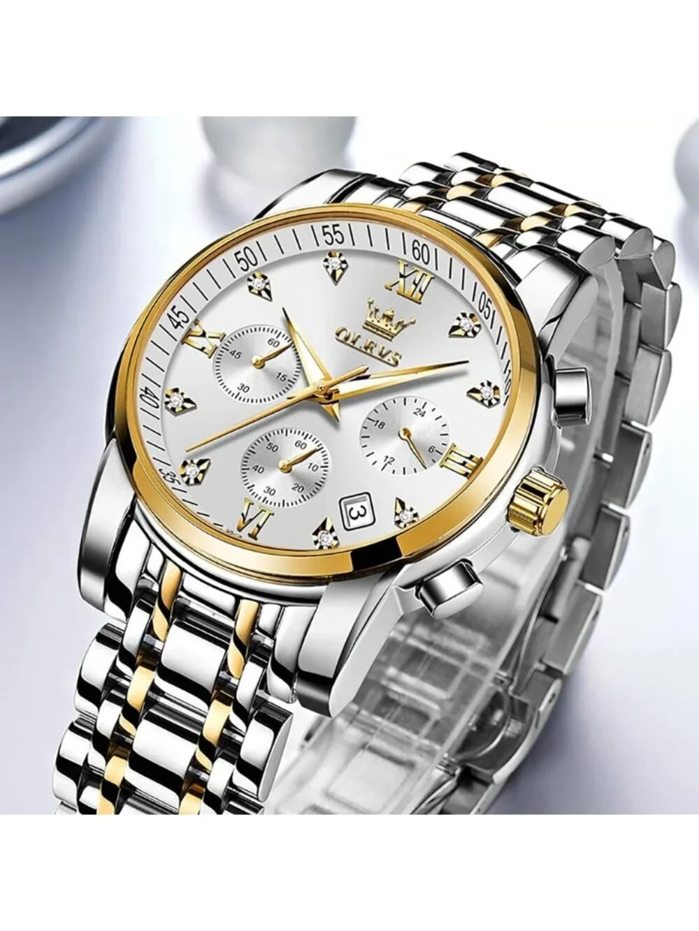 Olevs Men's Silver Multifunction White Face Waterproof Chronograph Wrist Watch